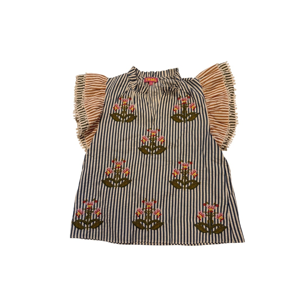 THML Embroidered Floral Striped Flutter Sleeve Pom Pom Trim Blouse Navy Tan M